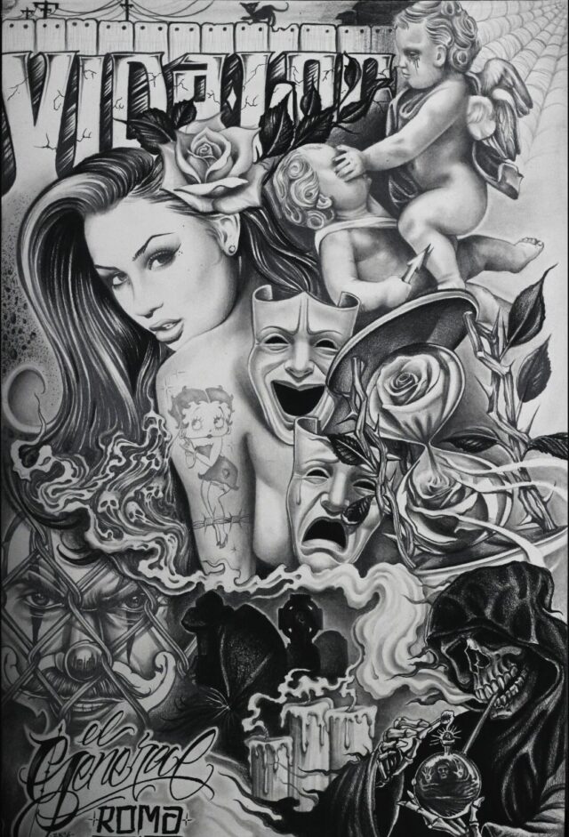 Disegno chicano black and grey “Vida Loca” di Adriano El General con simboli di vita, morte e prigionia