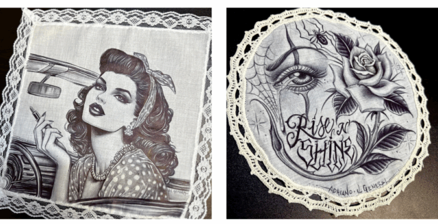 Il significato dei paños chicanos: arte, cultura e identità Paños chicani disegnati da Adriano El General con figure femminili, simboli religiosi e scritte calligrafiche.