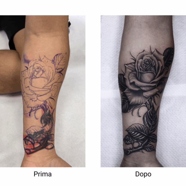 Tecniche di cover up tattoo in stile Chicano Esempio di cover up tattoo in stile Chicano al Mi Vida Loca Tattoo: trasformazione di una rosa incompleta in un tatuaggio black and grey realistico e dettagliato.