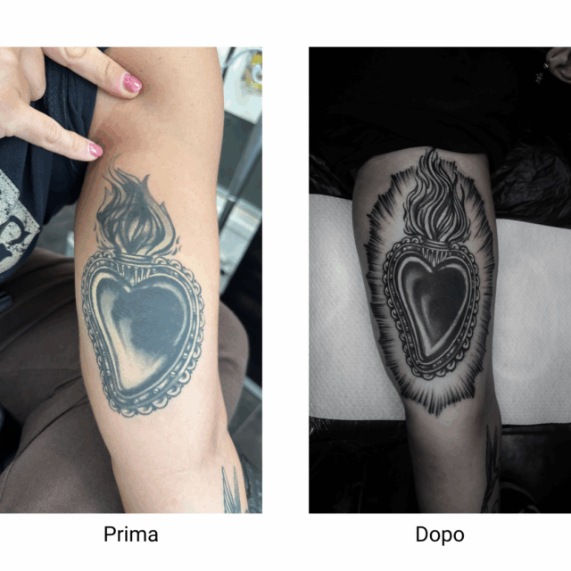 Restyling tatuaggi: rinnovare vecchi tatuaggi senza coprirli Restyling tatuaggio black and grey al Mi Vida Loca Tattoo: prima e dopo la rielaborazione di un cuore sacro, con ombre più profonde e linee ridefinite.